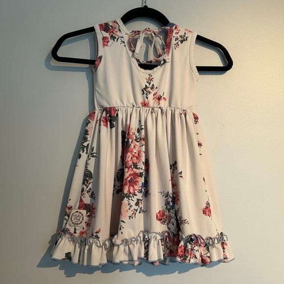 Cheeky Plum Sleeveless Tie Neck Twirl Dress, Cream with Rose Floral, 4T - Picture 4 of 9